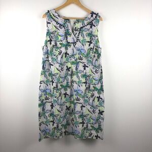 Talbots Womens Butterfly Floral Pinstripe Cotton Shift Dress Pom Pom Trim Sz 16